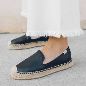 Soludos Black Leather Espadrilles Slip On Smoking Slipper Flat